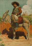 Apel·les Mestres: Escena de El Quijote, Sancho Panza muntant el seu ruc, Cromolitografia.