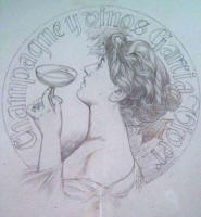 Riquer: Dibuix del cartell de la casa Champagne y vinos Garca Viver